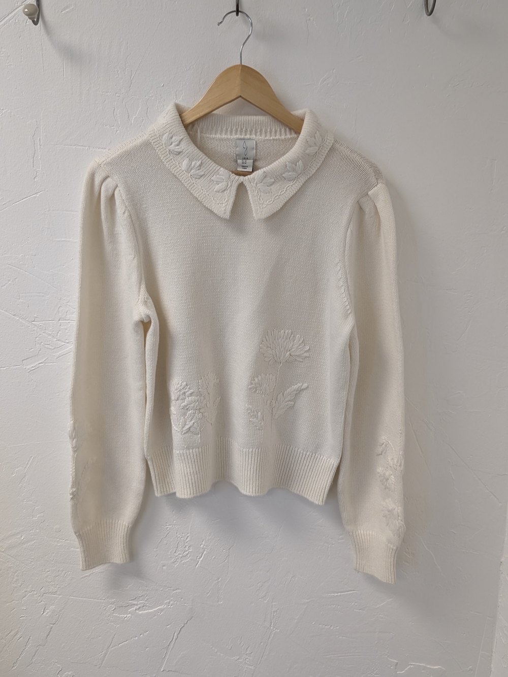 NWT Joie Ivory Floral Embroidered Collared Sweater Size M Wool Blend